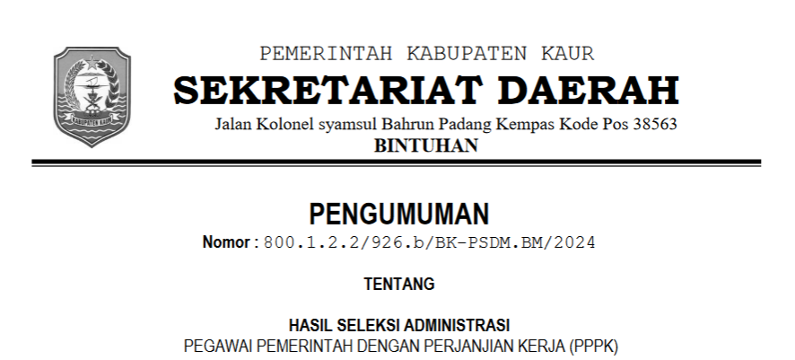 Pemda Kaur Umumkan Hasil Seleksi Administrasi PPPK 2024, Masa Sanggah Dimulai Hari ini