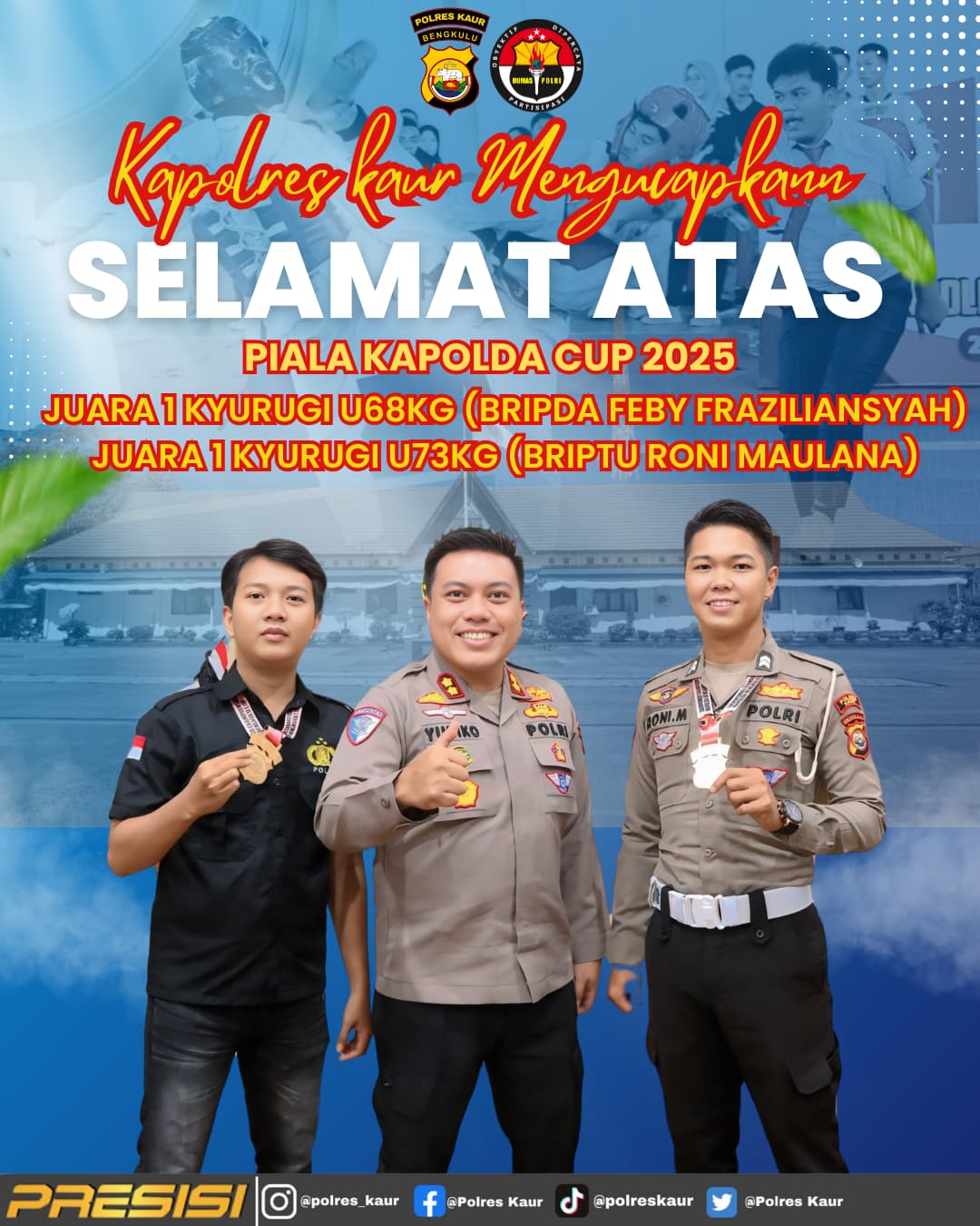 Kapolres Kaur Apresiasi 2 Personil Peraih Medali Emas Kejuaraan Taekwondo Kapolda Bengkulu Cup 2025