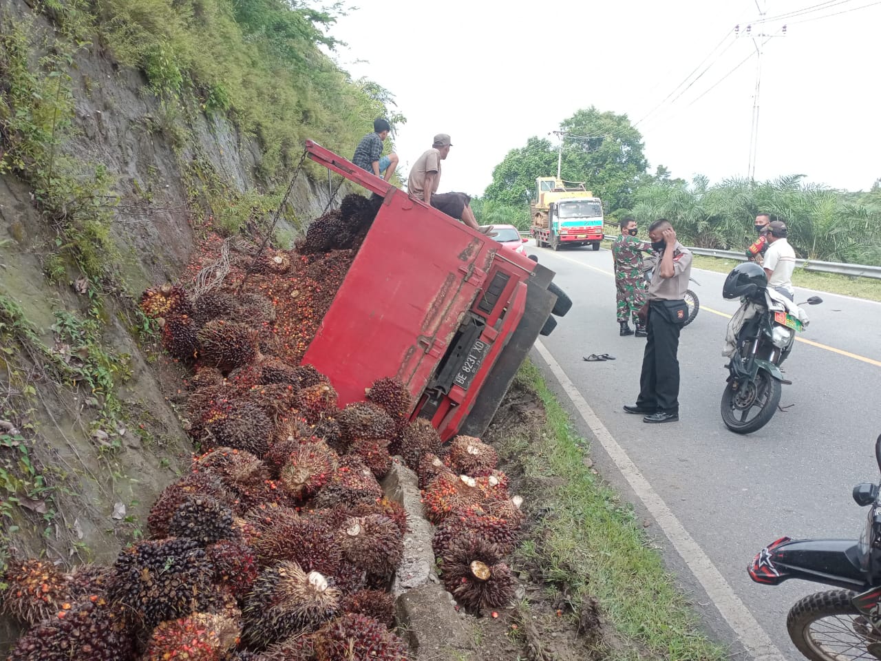 Elak Mobil, Truk TBS Asal Bengkunat Terbalik