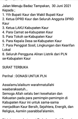 Surat Terbuka, Ajakan Donasi Untuk PLN