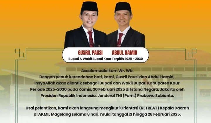 Jelang Dilantik Presiden Prabowo, Bupati dan Wabup Kaur Terpilih Sampaikan Pesan Menyentuh Kepada Masyarakat