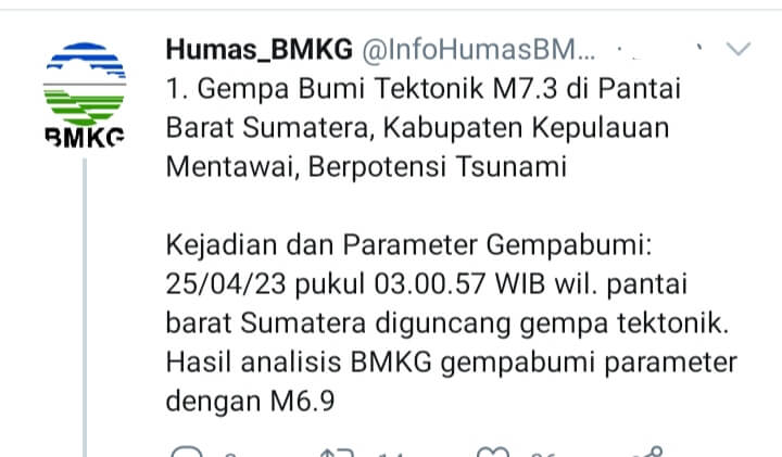 BREAKING NEWS: Gempa Mentawai M 7.3 Diikuti Gelombang Tsunami 11 Cm, Wilayah Pesisir Pantai Diminta Waspada..