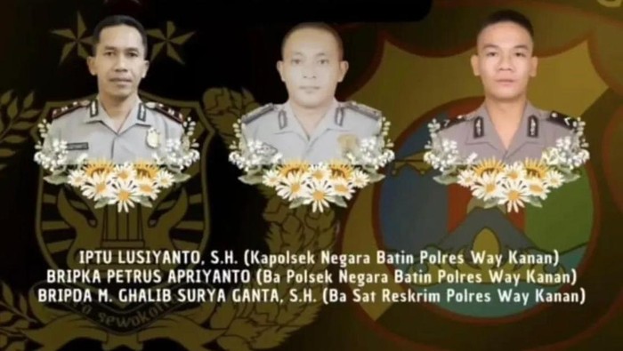 3 Polisi Tewas Ditembak Saat Gerebek Arena Sabung Ayam Milik Oknum TNI di Way Kanan