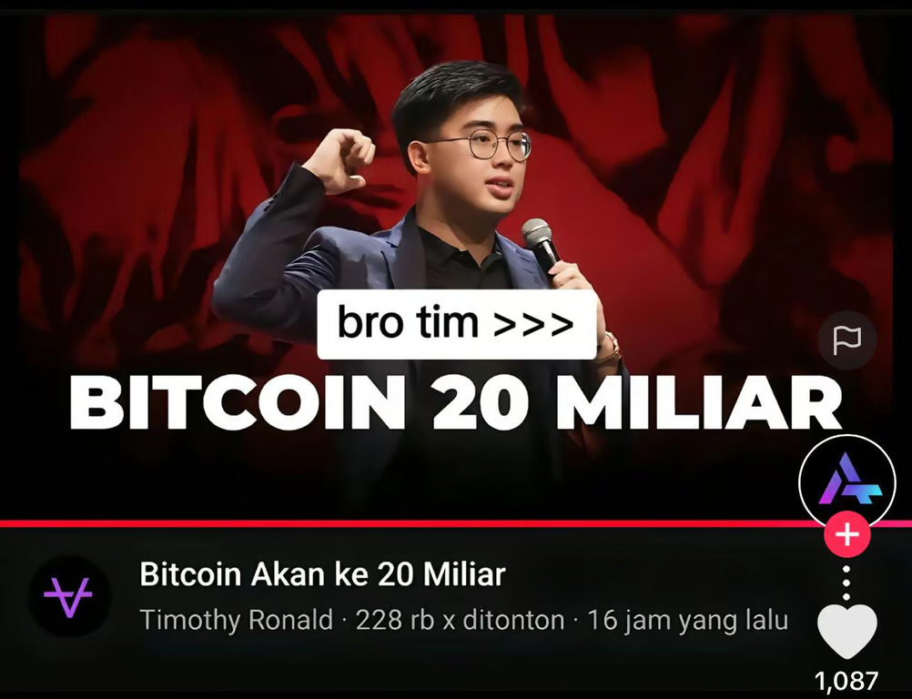 Kapitalisasi Pasar Bitcoin, Timothy Ronald Prediksi Harga Bitcoin Capai Rp20 Miliar