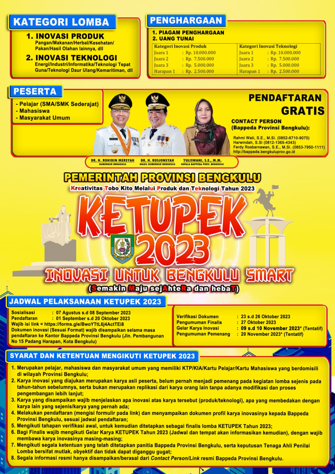 Bappeda Provinsi Bengkulu Gelar Inovasi KETUPEK 2023, Simak Timeline dan Cara Daftar pada Link Berikut!!