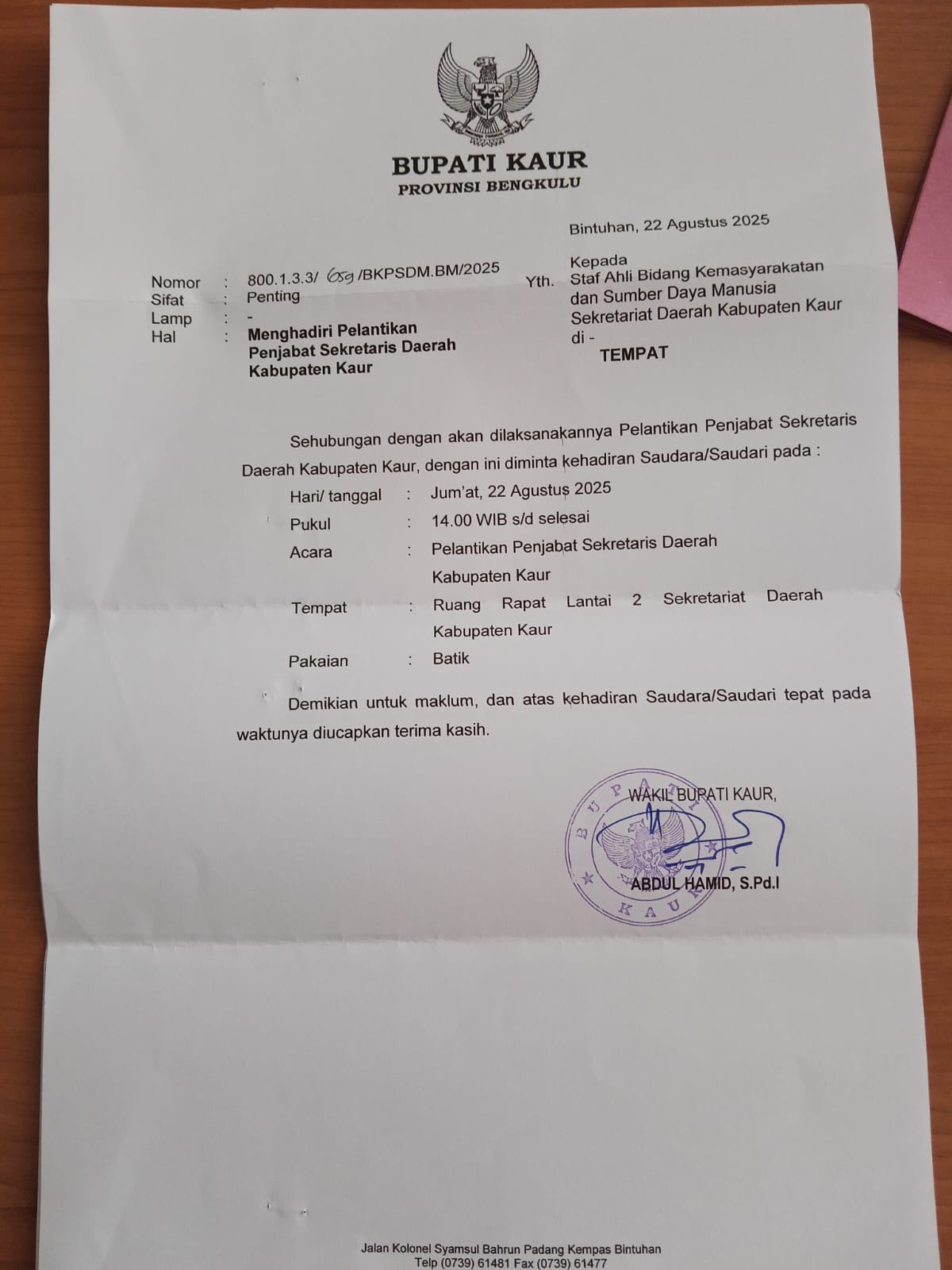 Pj Sekda Kaur Dilantik Siang Ini