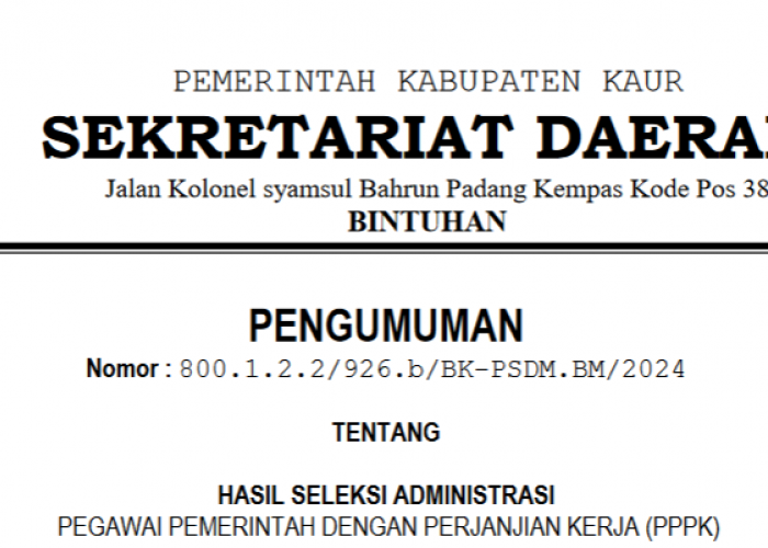 Pemda Kaur Umumkan Hasil Seleksi Administrasi PPPK 2024, Masa Sanggah Dimulai Hari ini