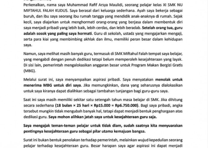 Viral Surat Siswa SMK Kudus kepada Presiden Prabowo, Curhat Tak Mau MBG Demi Gaji Guru!!